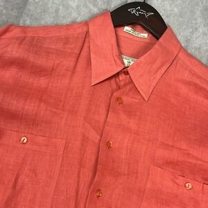 Burma Bibas Classics Mens Large 100% Linen Button Down Shirt Salmon Pink Coral L